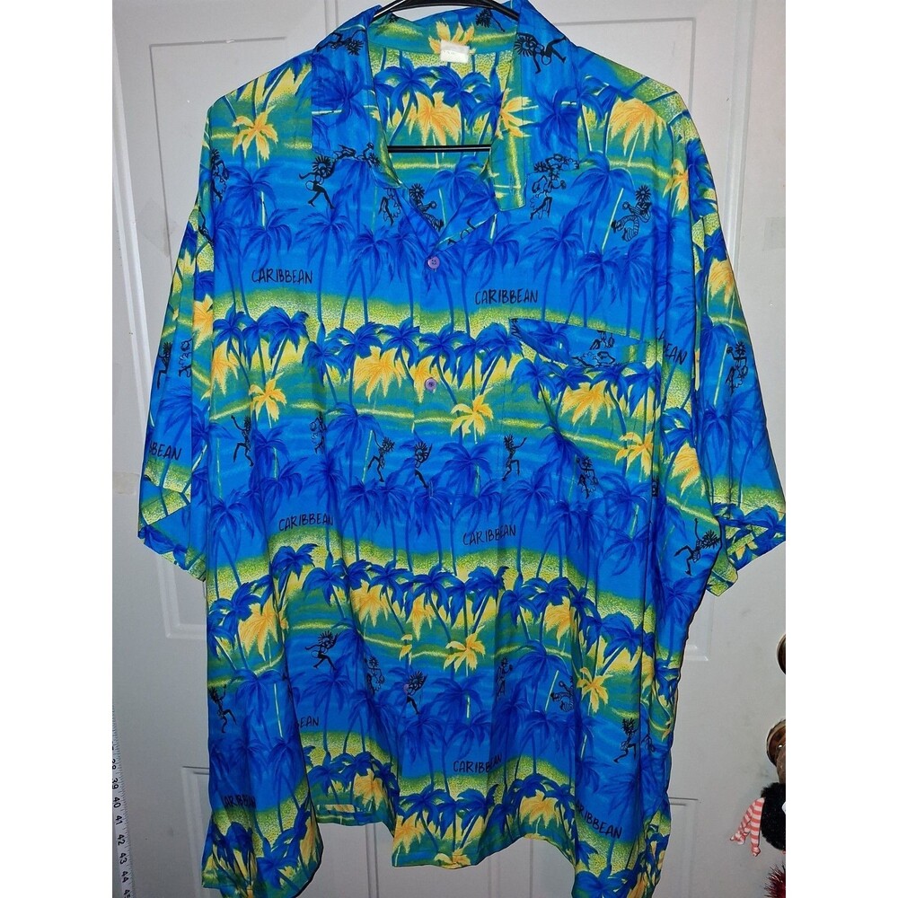 Caribbean Hawaiian Camp Shirt Men's Blue Tropical Palm Tree Button Up Short...